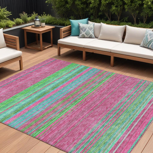 10 X 14 Blush Lime Green And Teal Blue Striped Washable Indoor Outdoor Area Rug