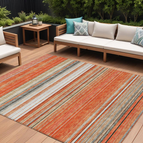 10 X 14 Coral Ivory And Gray Striped Washable Indoor Outdoor Area Rug