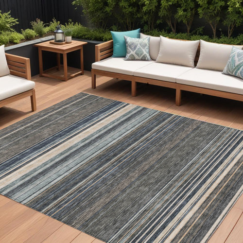 10 X 14 Taupe Beige And Pewter Striped Washable Indoor Outdoor Area Rug