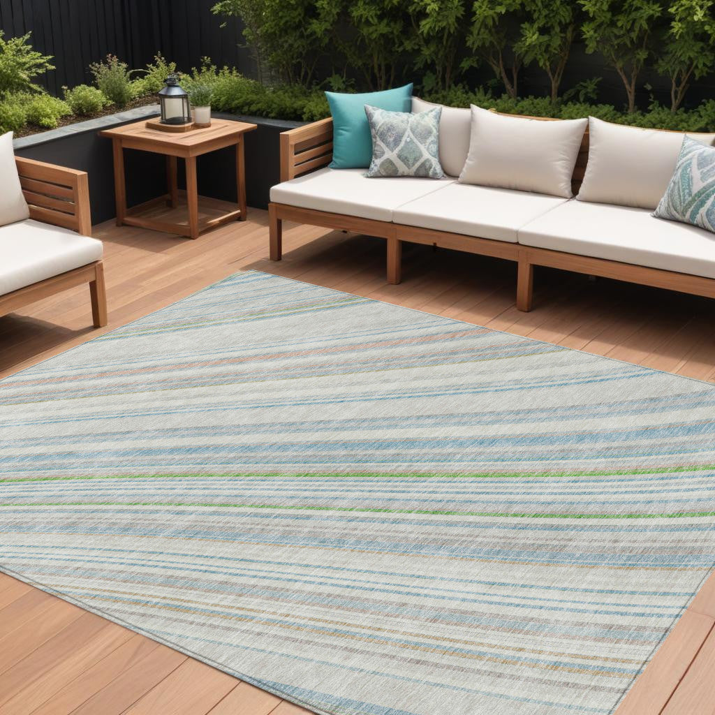 10 X 14 Ivory Blue And Green Striped Washable Indoor Outdoor Area Rug