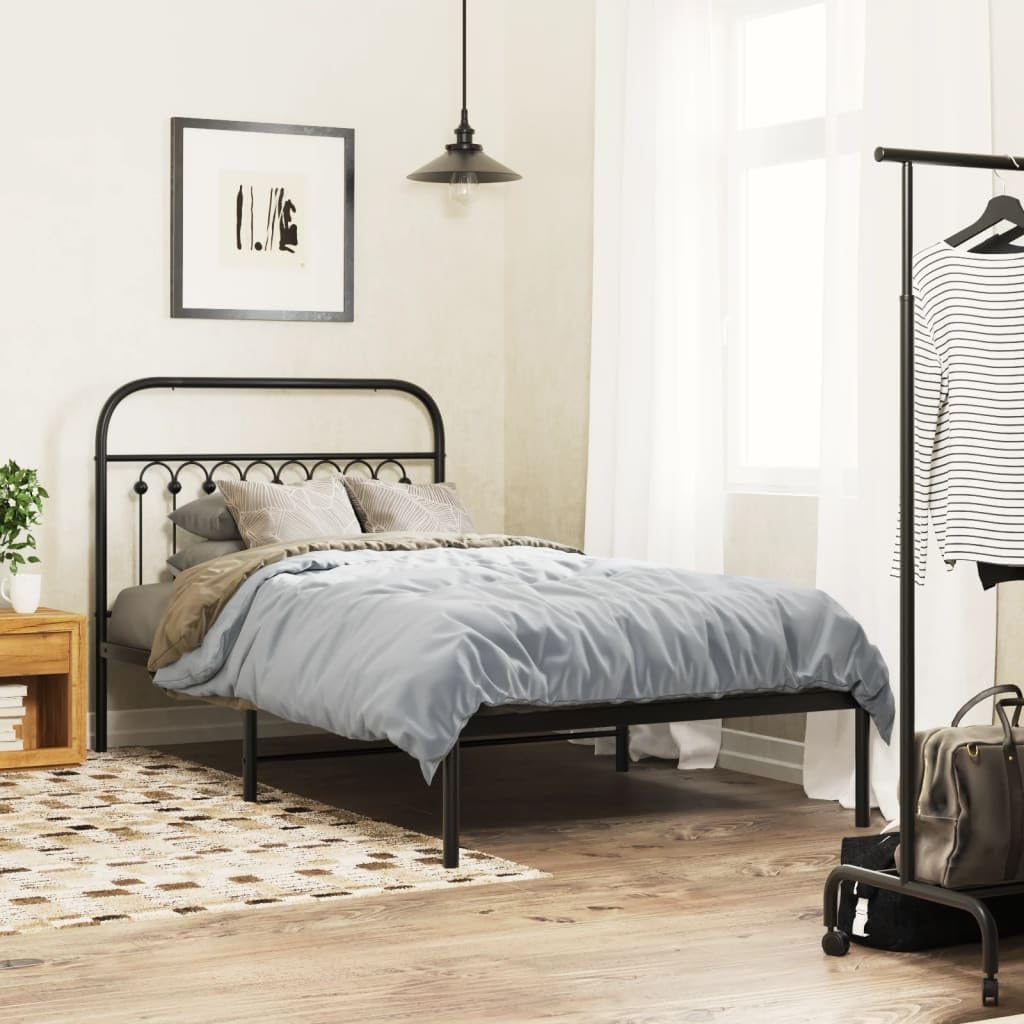 vidaXL Metal Bed Frame with Headboard - Single Bed 39.4" x 78.7" Steel Frame, Extra Storage Space, Black, Bedroom Decor