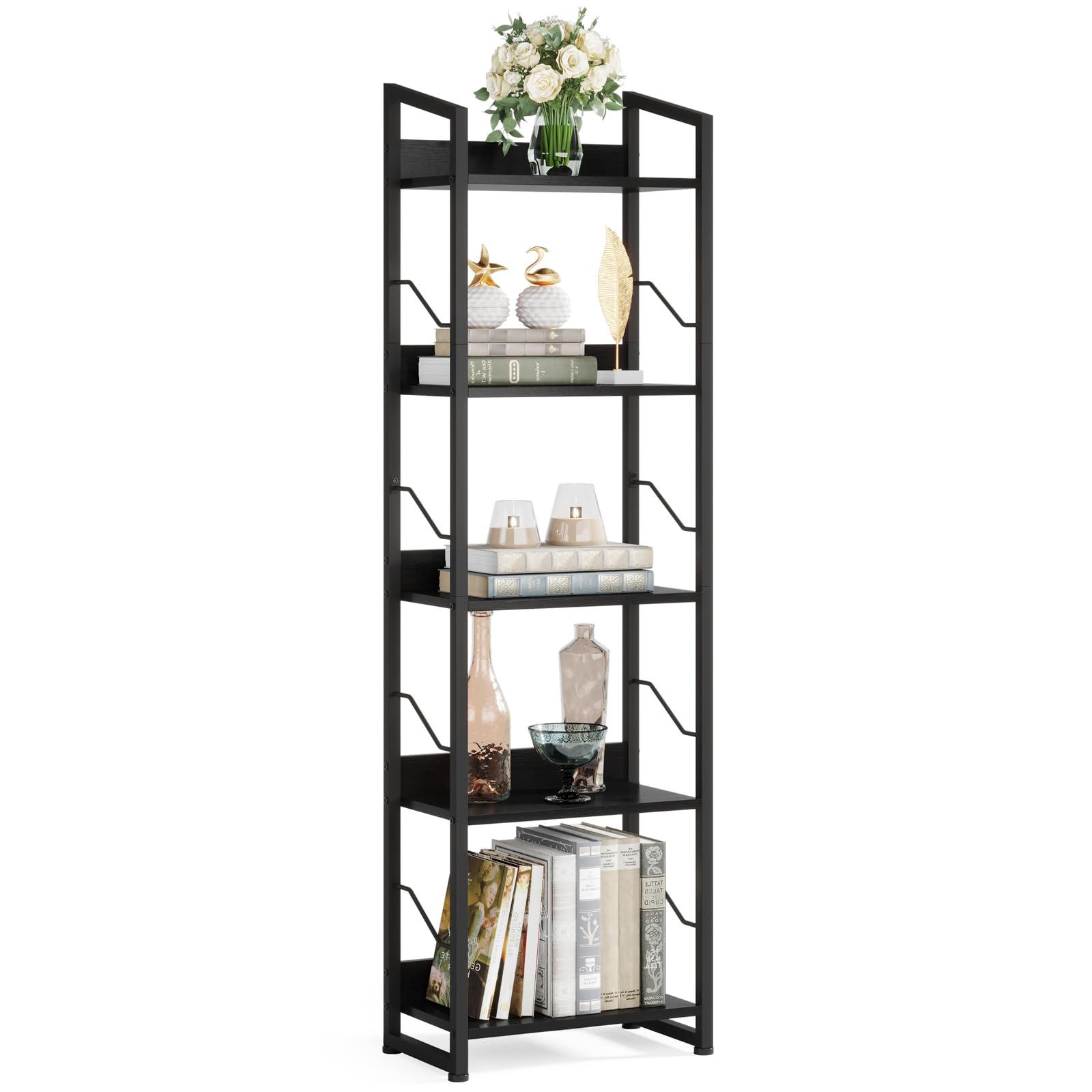 Hosfais 5 Tier Narrow Bookshelf: Tall Bookcase Shelf with Edge Protection, Industrial Modern Bookshelves for Bedroom Living Room