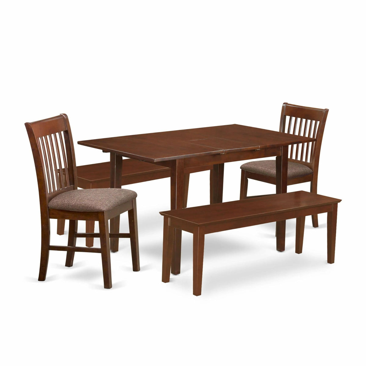 East West Furniture NOFK5C-MAH-C 5 Piece Set Includes a Rectangle Kitchen Table with Butterfly Leaf and 2 Linen Fabric Dining Chairs with 2 Benches, 32x54 Inch