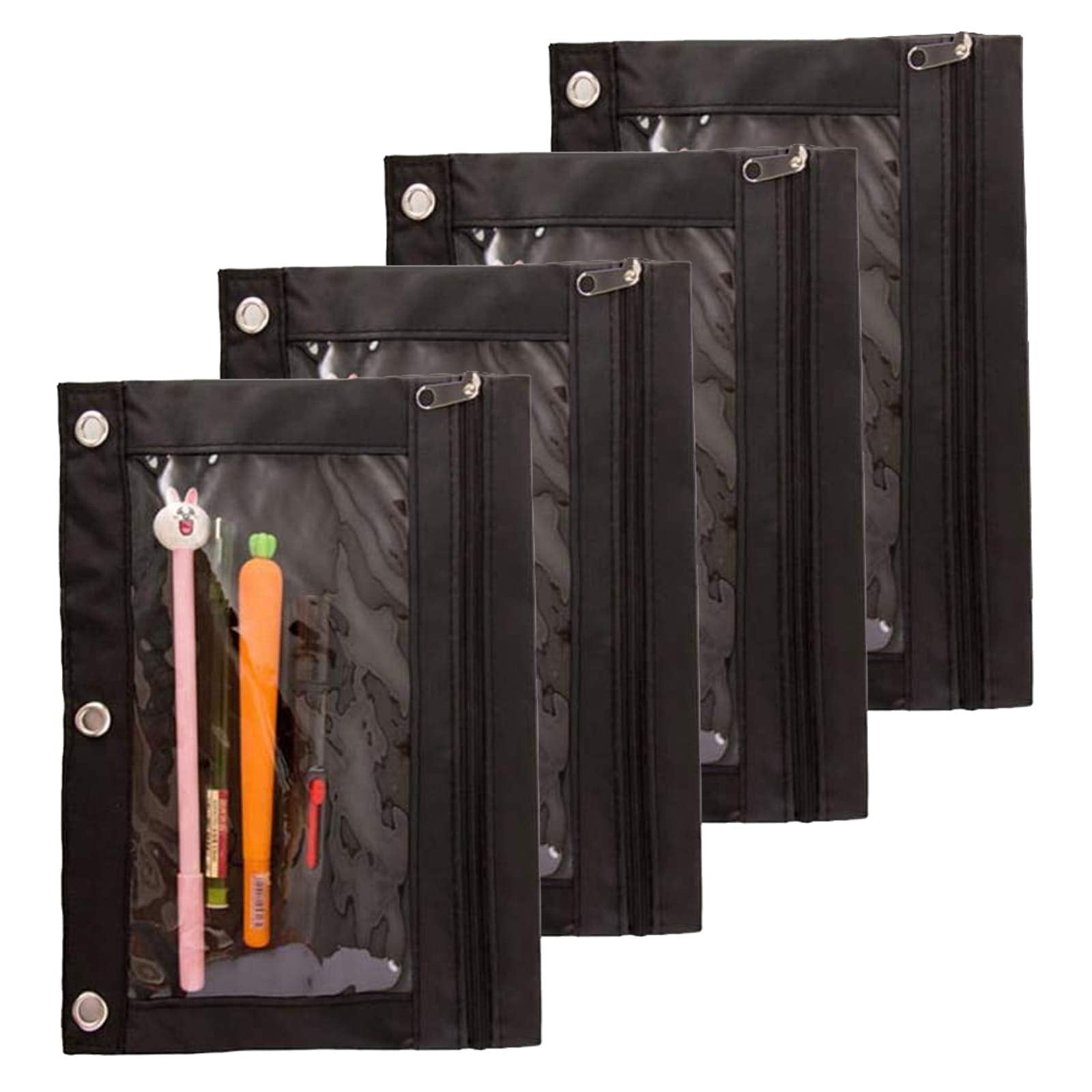 Sdefe Pencil Pouch For 3 Ring Binder, Zippered Pen Pencil Case Binder Pouch With Clear Window 4 Pack (Black)