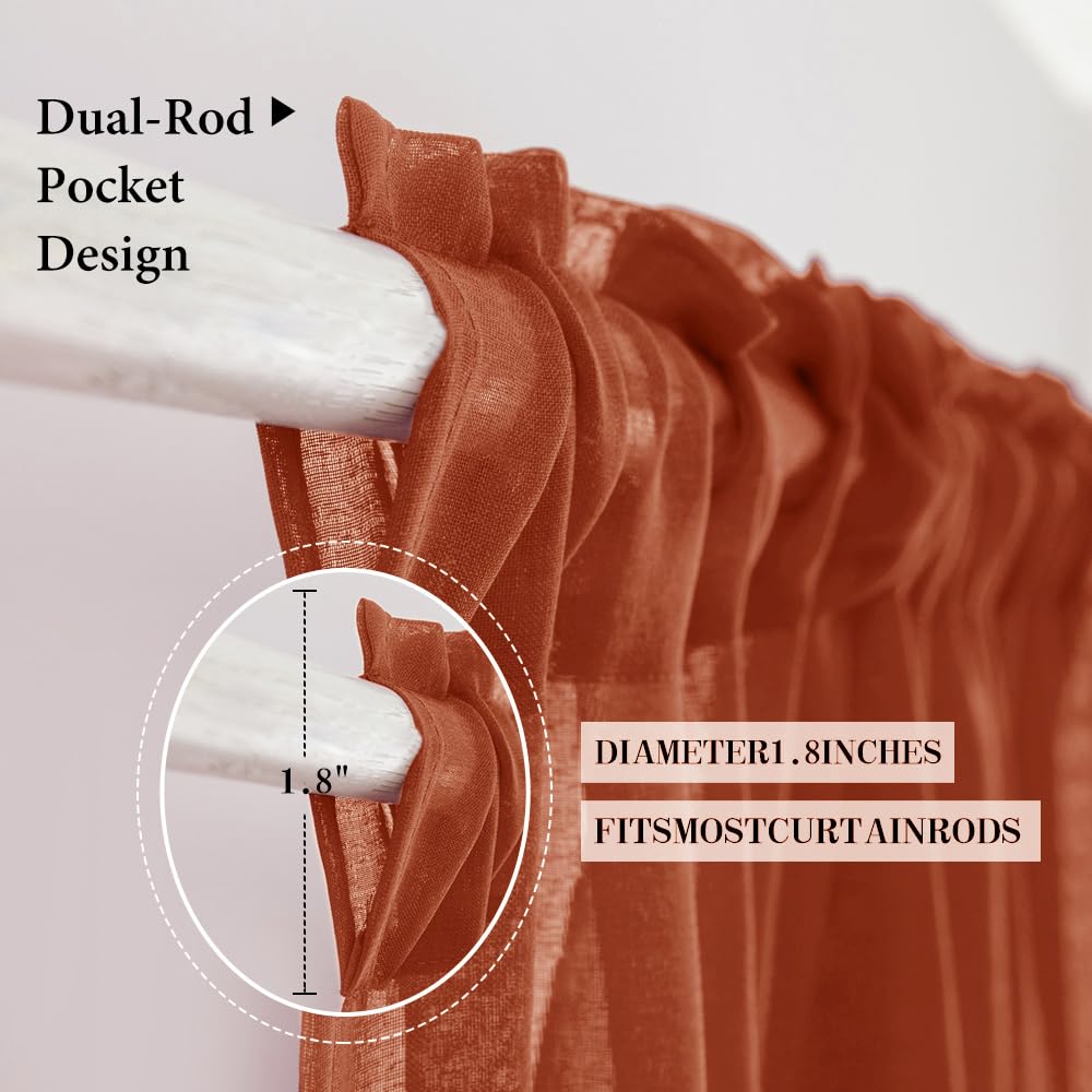 Miulee Terracotta Linen Textured Sheer Curtains 2 Panels For Bedroom/Living Room Semi Transparent Voile Rust Boho Farmhouse Fall Decor Window Drapes Rod Pocket, W 54 X L 90 Inches Long