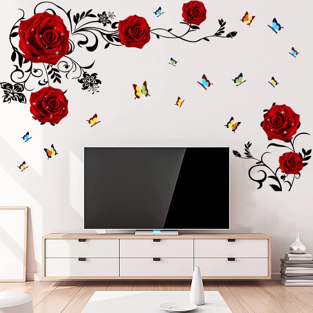 Supzone Red Rose Wall Stickers Rose Flower Vine Wall Decal Red Peony Floral Wall Decor DIY Vinyl Mural Art for Bedroom Living Ro