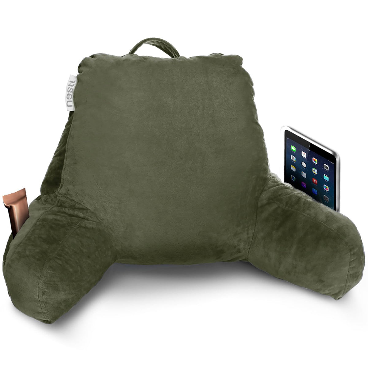 Nestl Reading Pillow For Kids, Small Bed Pillow, Back Pillow For Sitting In Bed, Memory Foam Chair Pillow, Reading & Bed Rest Pillows, Olive Green Back Pillow For Bed, Arm Pillow With Pockets