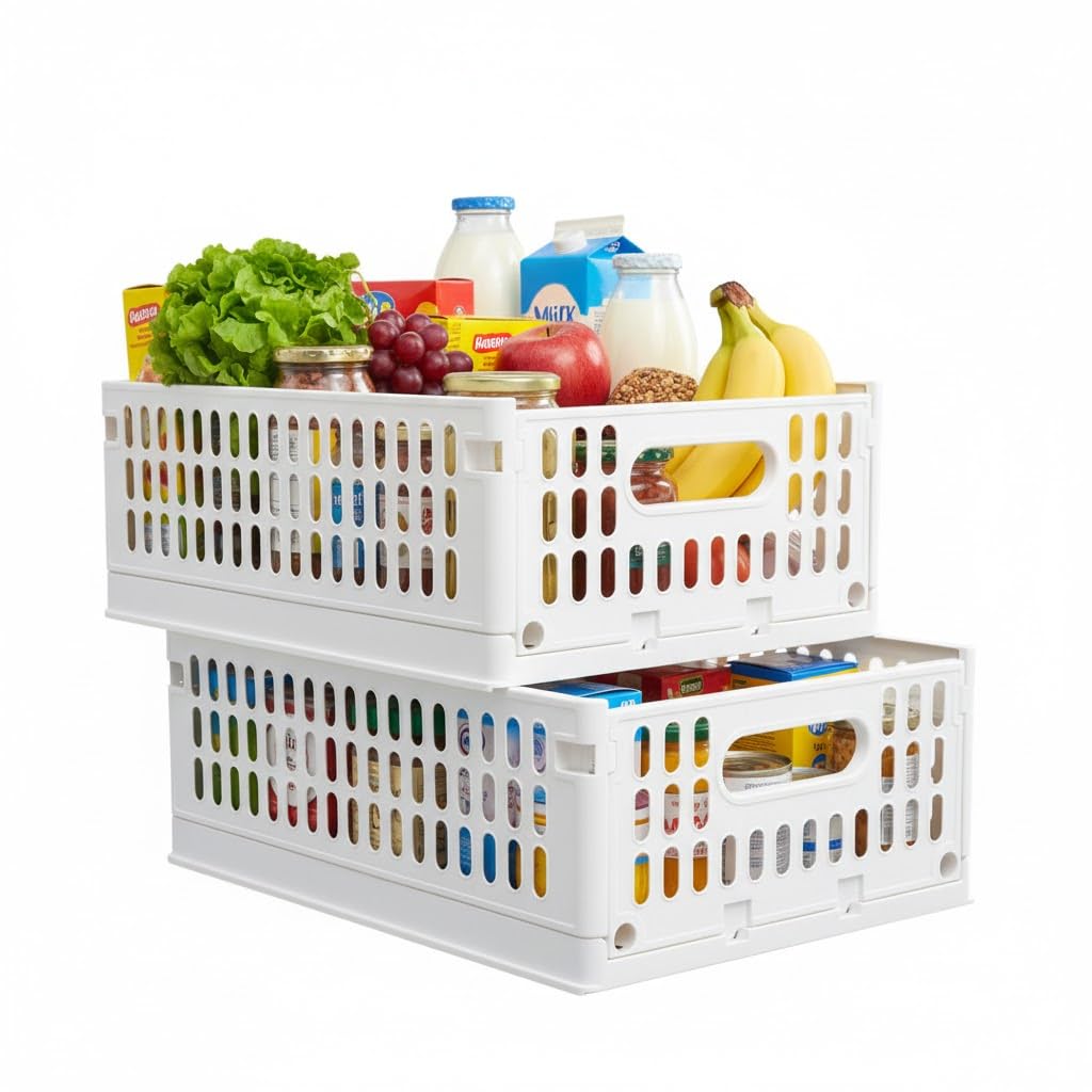 Plastic Storage Crates 10 Kg Capacity White | 2 Pc Set Foldable Stackable Rectangular Storage Bins with Wheels & Side Handles | 