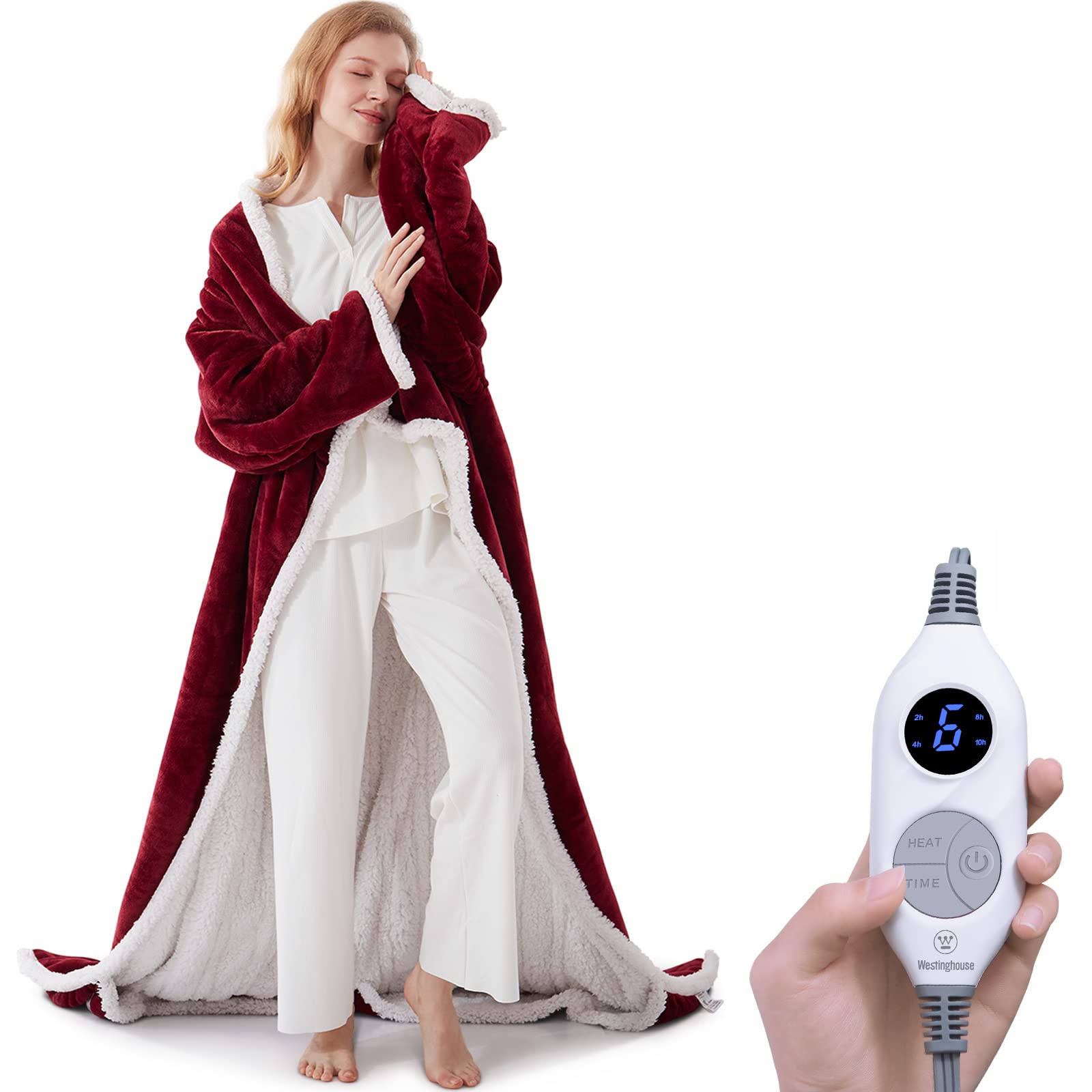 Westinghouse Christmas Electric Snuggle Throw Blankets with Foot Pocket, Wearable Heated Blanket with Sleeves, 6 Heating Levels 
