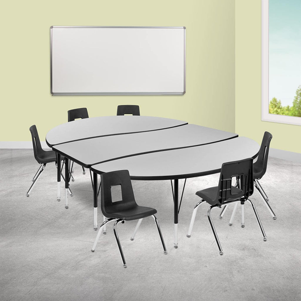 Flash Furniture Emmy 86" Oval Wave Flexible Laminate Activity Table Set With 14" Student Stack Chairs, Grey/Black
