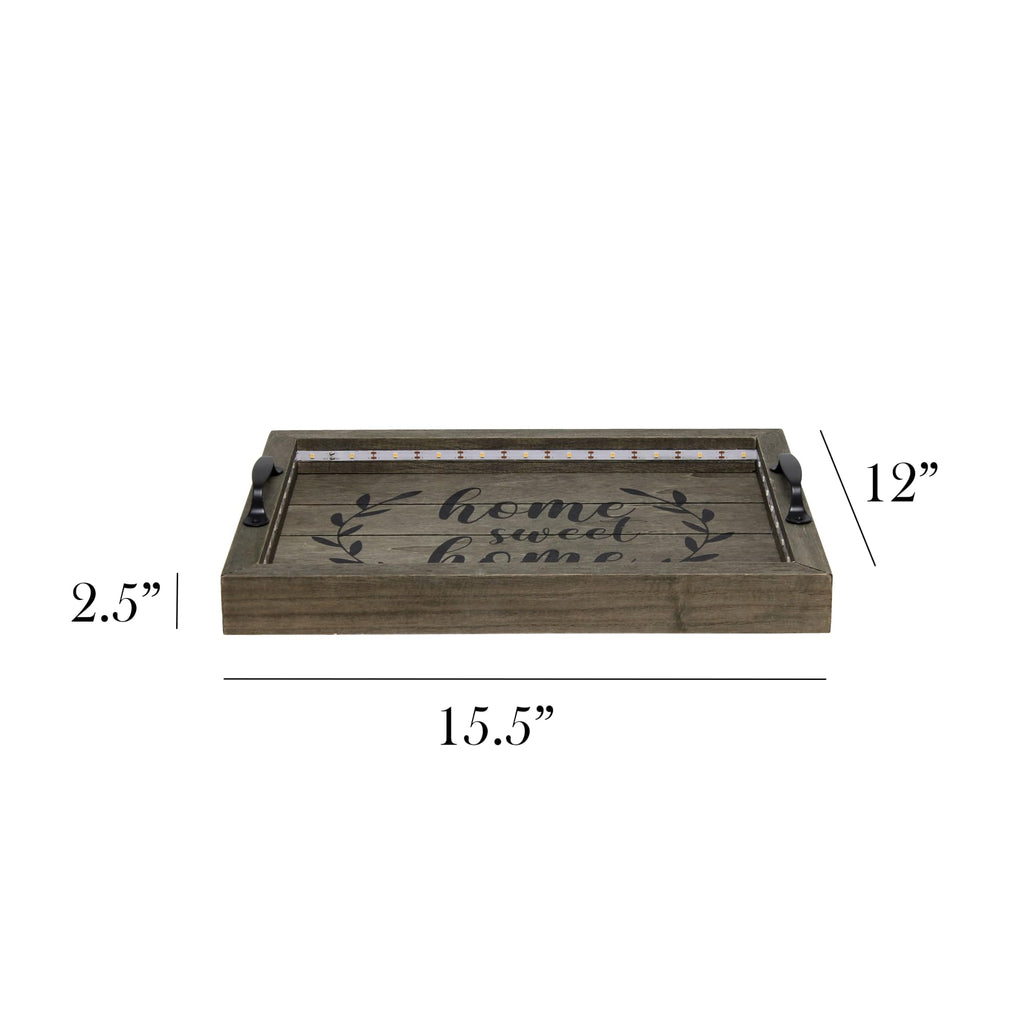 Elegant Designs Hg2032-Rgs Salento Farmhouse Rectangular Decorative Led Light Up Wooden Serving Tray W Metal Handles & Home Sweet Home In Black For Décor, Centerpiece, Breakfast, Bar, Rustic Gray