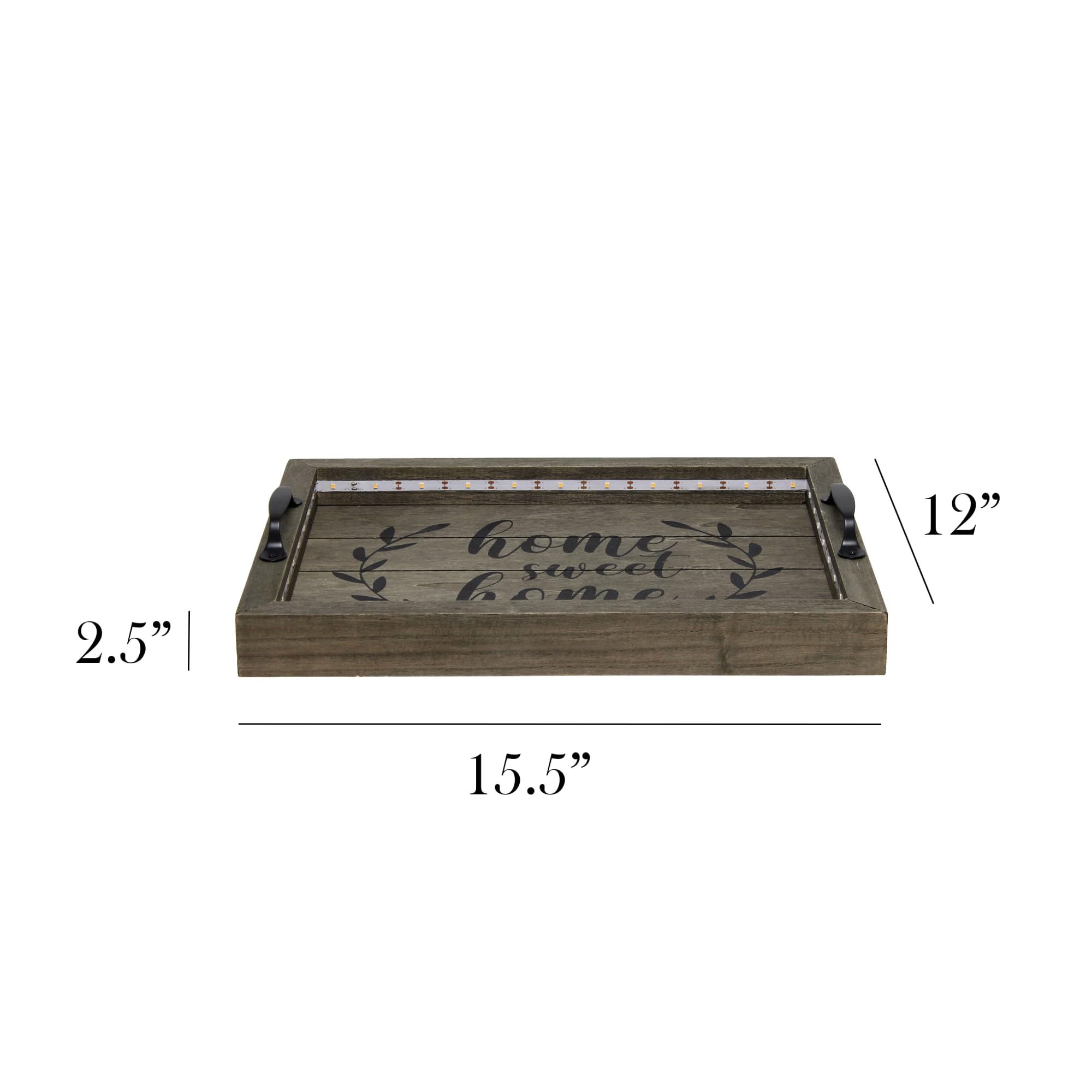 Elegant Designs Hg2032-Rgs Salento Farmhouse Rectangular Decorative Led Light Up Wooden Serving Tray W Metal Handles & Home Sweet Home In Black For Décor, Centerpiece, Breakfast, Bar, Rustic Gray