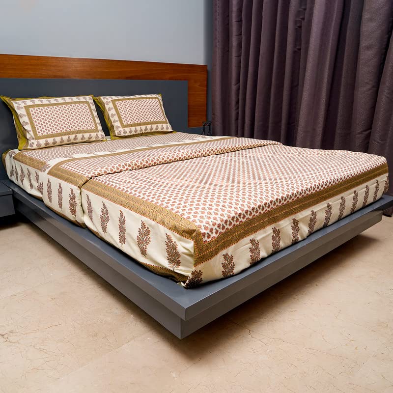 Inizio Pure Cotton Queen Size Double Bed Bedsheet with 2 Zip Lock Pillow Covers|Rajasthani Sanganeri Bagru Floral Prints Design 