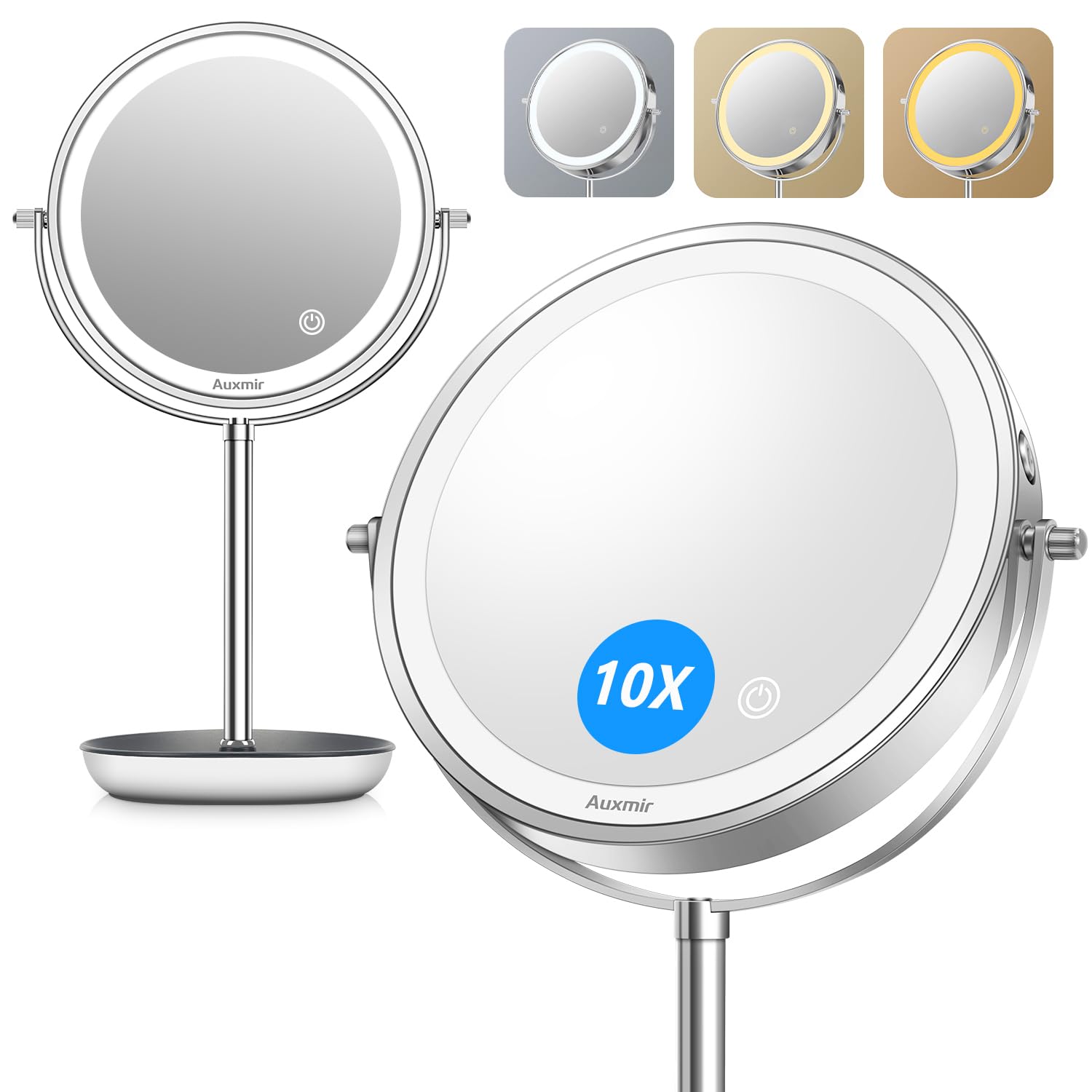Auxmir 8  Lighted Makeup Mirror Rechargeable 1X/10X Magnifying Mirror with 3 Dimmable Colors Light, Double Sided Vanity Mirror w