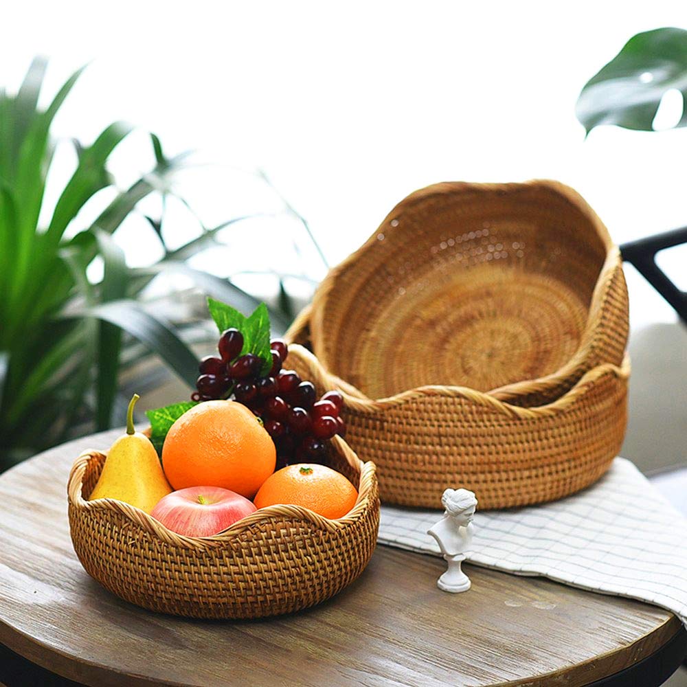 Amololo Handmade Rattan Round Fruit Basket Food Storage Bowls Kitchen Organizer Snack Serving Bowl Wavy Edge Circle Tray Basket,