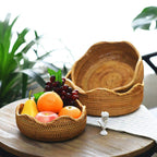 Amololo Handmade Rattan Round Fruit Basket Food Storage Bowls Kitchen Organizer Snack Serving Bowl Wavy Edge Circle Tray Basket,