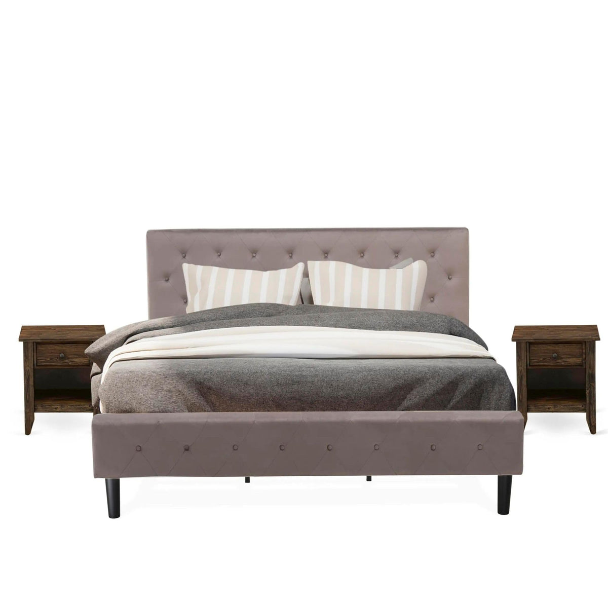 East West Furniture Nl14K2Ga07 3 Piece Bedroom Set  Button Tufted Bed Frame  Brown Taupe Velvet Fabric Upholstered Headboard
