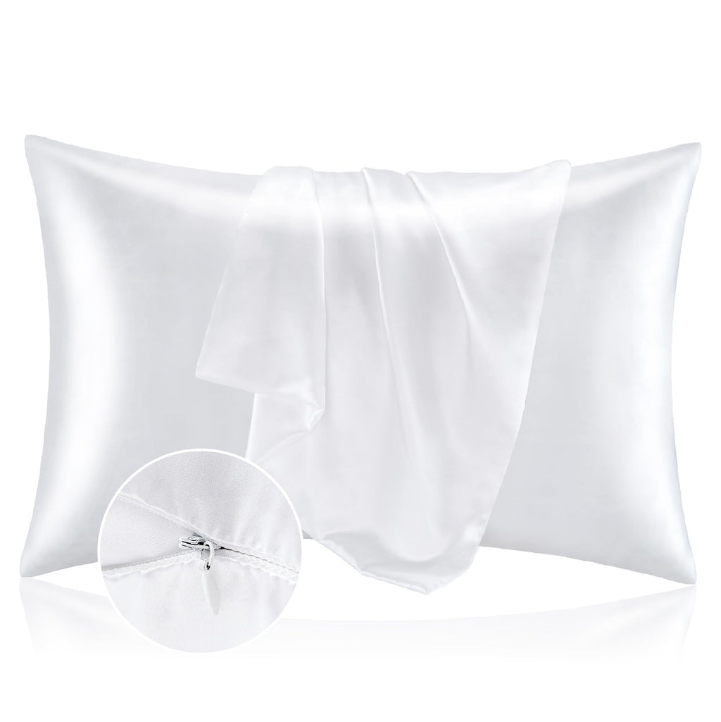 Bedelite Satin Pillowcase With Zipper, White Pillow Cases Queen Size Set Of 2, Super Soft And Cooling Similar To Silk Pillow Cas