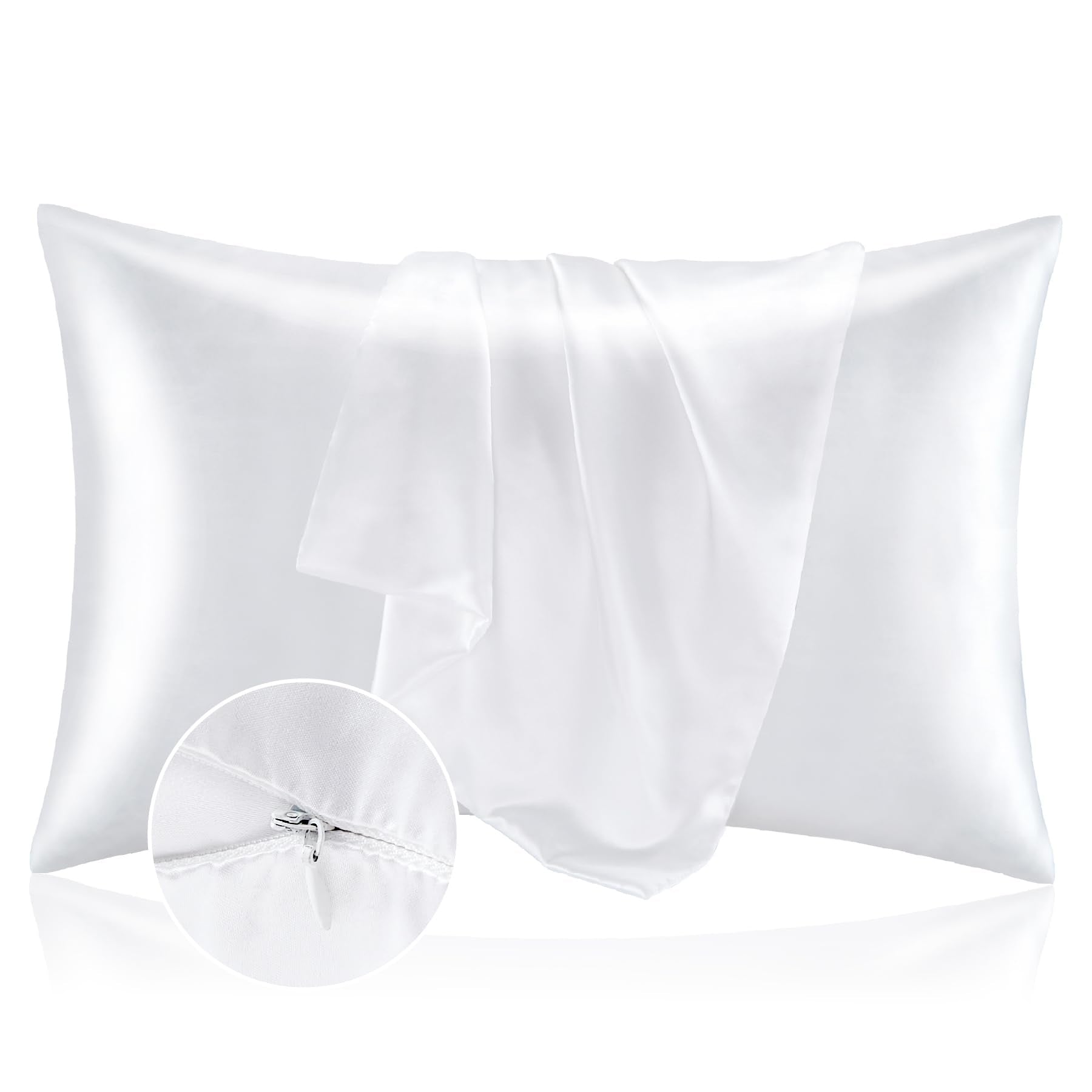 Bedelite Satin Pillowcase With Zipper, White Pillow Cases Queen Size Set Of 2, Super Soft And Cooling Similar To Silk Pillow Cas