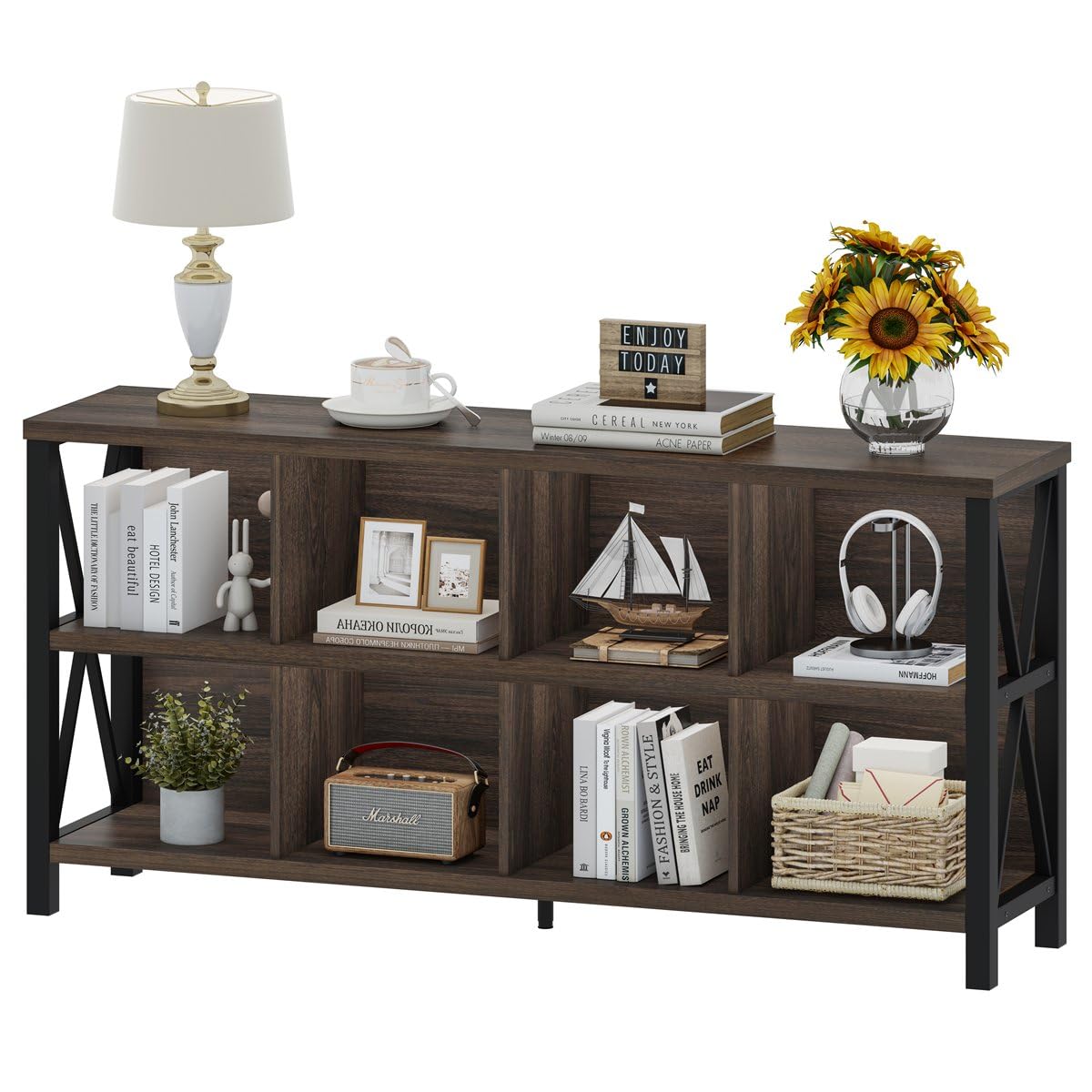 FATORRI 8 Cube Storage Organizer Bookshelf, 62 Inch Rustic Wood Horizontal Bookcase, Farmhouse Cube Long Book Shelf, TV Console 