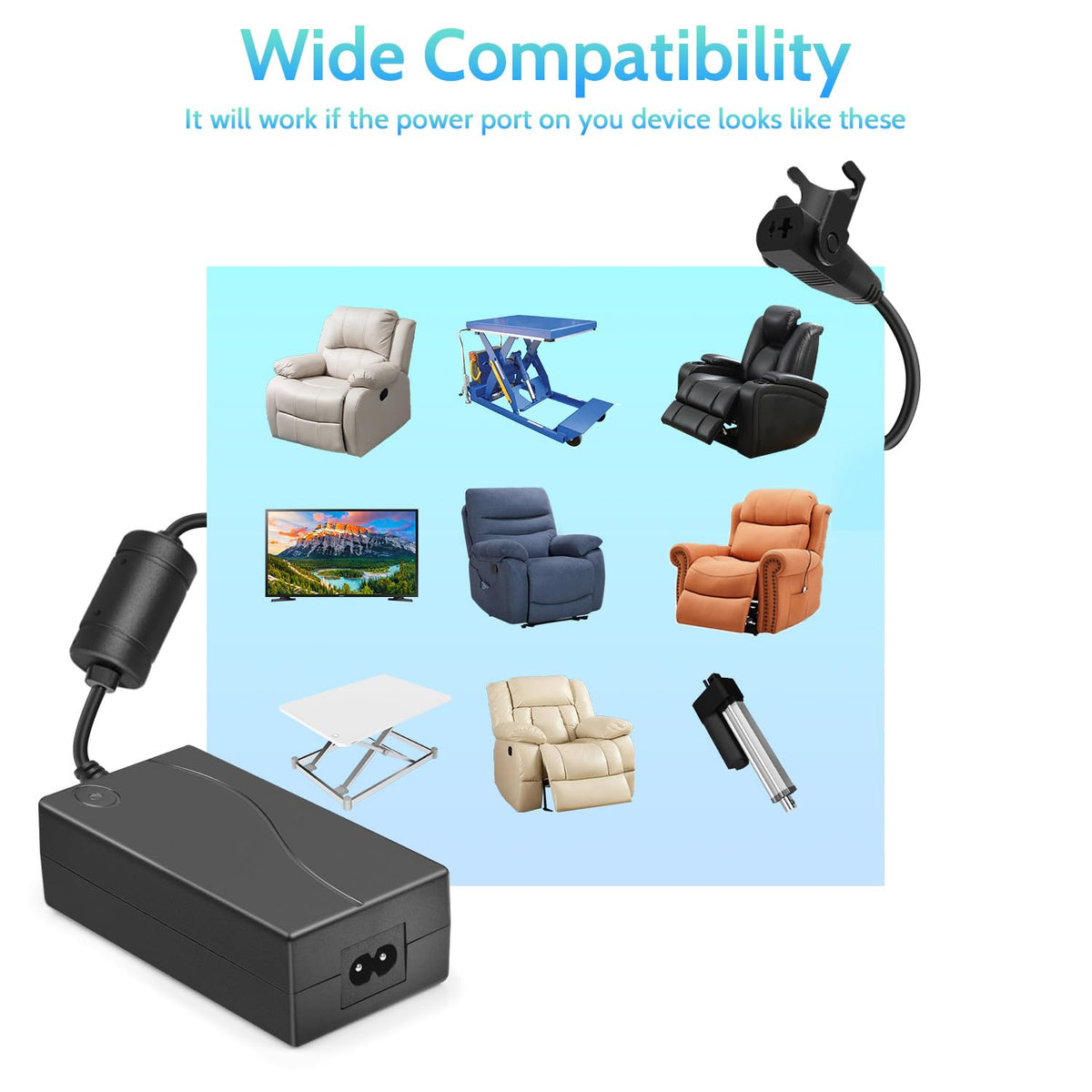 Sopito Power Recliner Power Supply Adapter Kit, 29V 2A Transformer, Black Plastic, 6.6ft Extension Cord