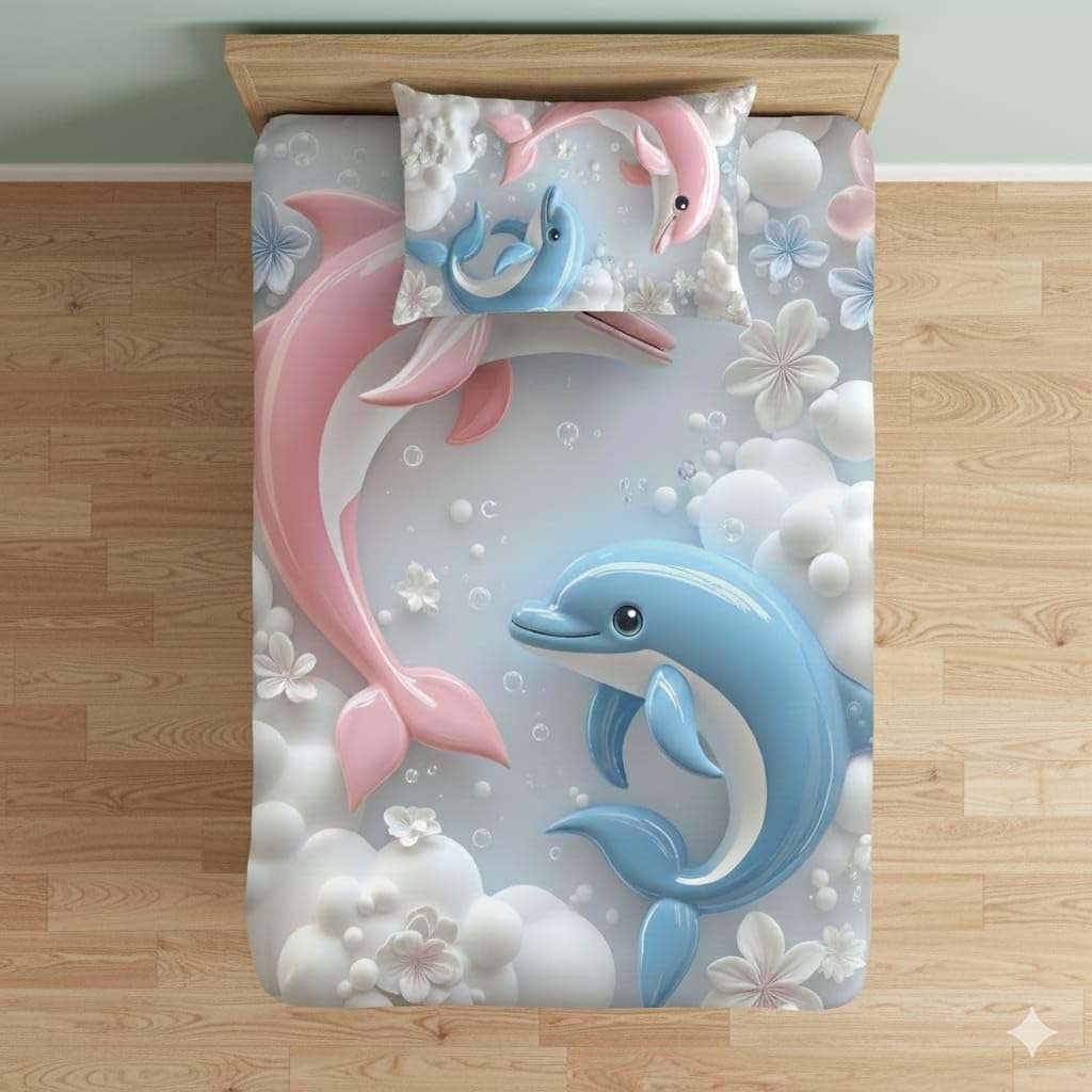 RIFTREE Glace Cotton 7D Digital Printing 1 Single bedsheet with 1 Pillow Cover  MULTIBLUEPINK Fish