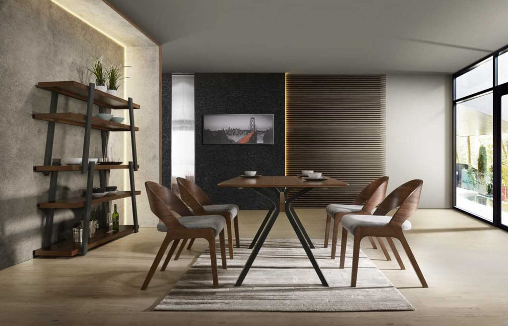 HomeRoots Fabric, Solid Wood, Veneer Set of Two Gray Walnut Fabric Modern Dining Chairs