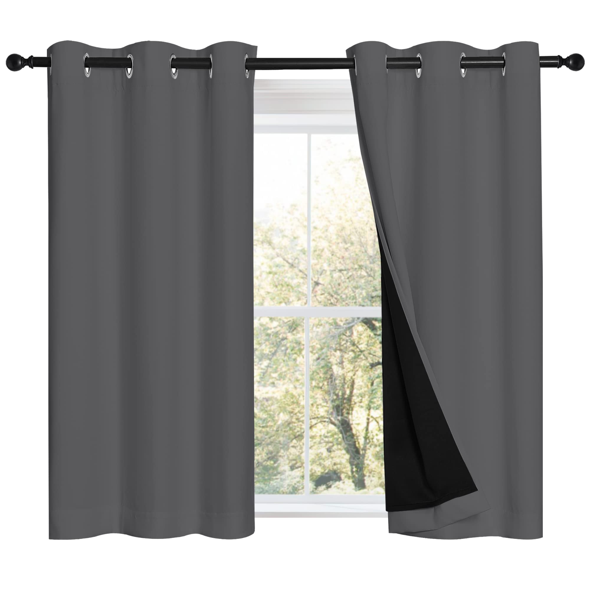 NICETOWN Grey 100% Blackout Room Warming Curtains 45 inches Long, Thermal Insulated Full Blackout 2-Layer Lined Curtains, Energy