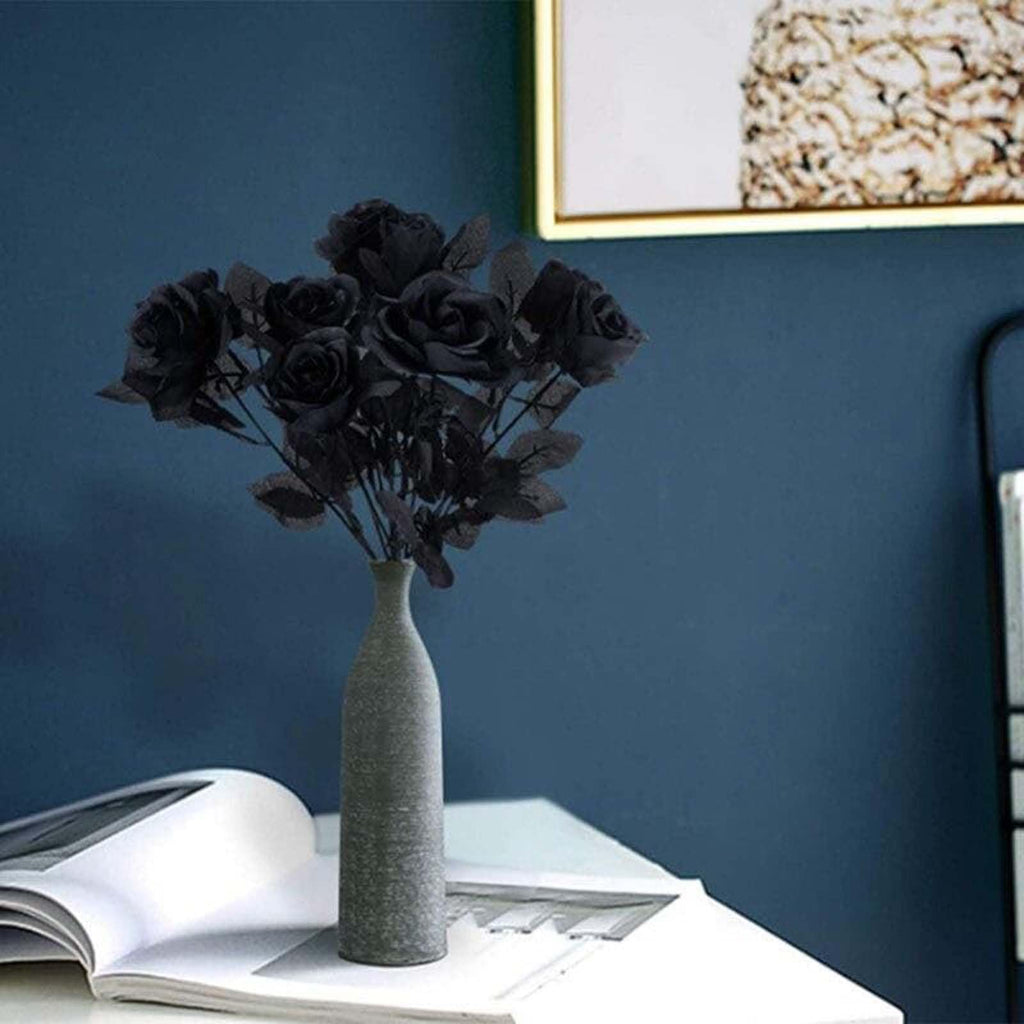 Laelfe 12 Pcs Artificial Flowers Black Roses, Fake Silk Flower Long Stem Artificial Black Rose For Halloween Home Wedding Party