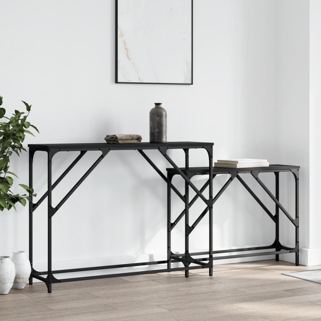 vidaXL 2 pcs Black Nesting Console Tables in Industrial Style with Sturdy Tops - Versatile Usage as Sofa and Entry Tables in Engineered Wood and Metal Frame