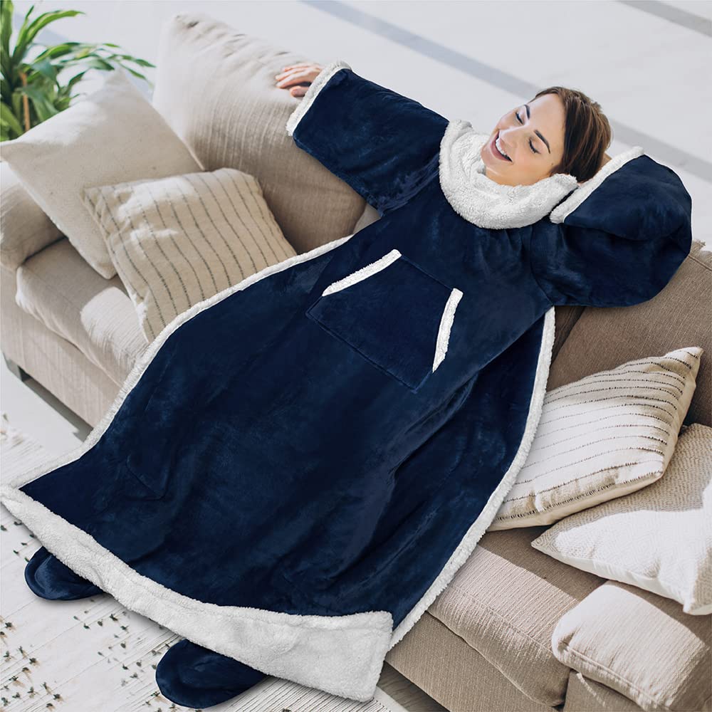 Pavilia Sherpa Blanket With Sleeves And Foot Pocket Women Men Adult, Fleece Wearable Blanket Sleeved Throw Wrap, Thick Hug Sleep