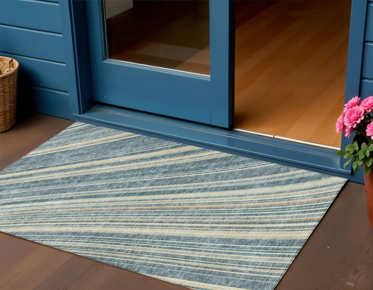 3 X 5 Sky Blue Beige And Tan Striped Washable Indoor Outdoor Area Rug