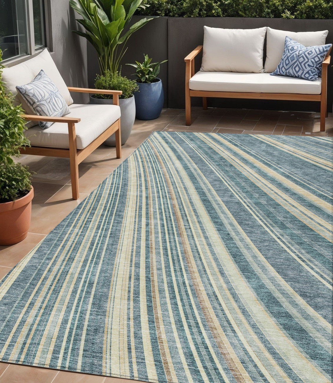 5 X 8 Sky Blue Beige And Tan Striped Washable Indoor Outdoor Area Rug