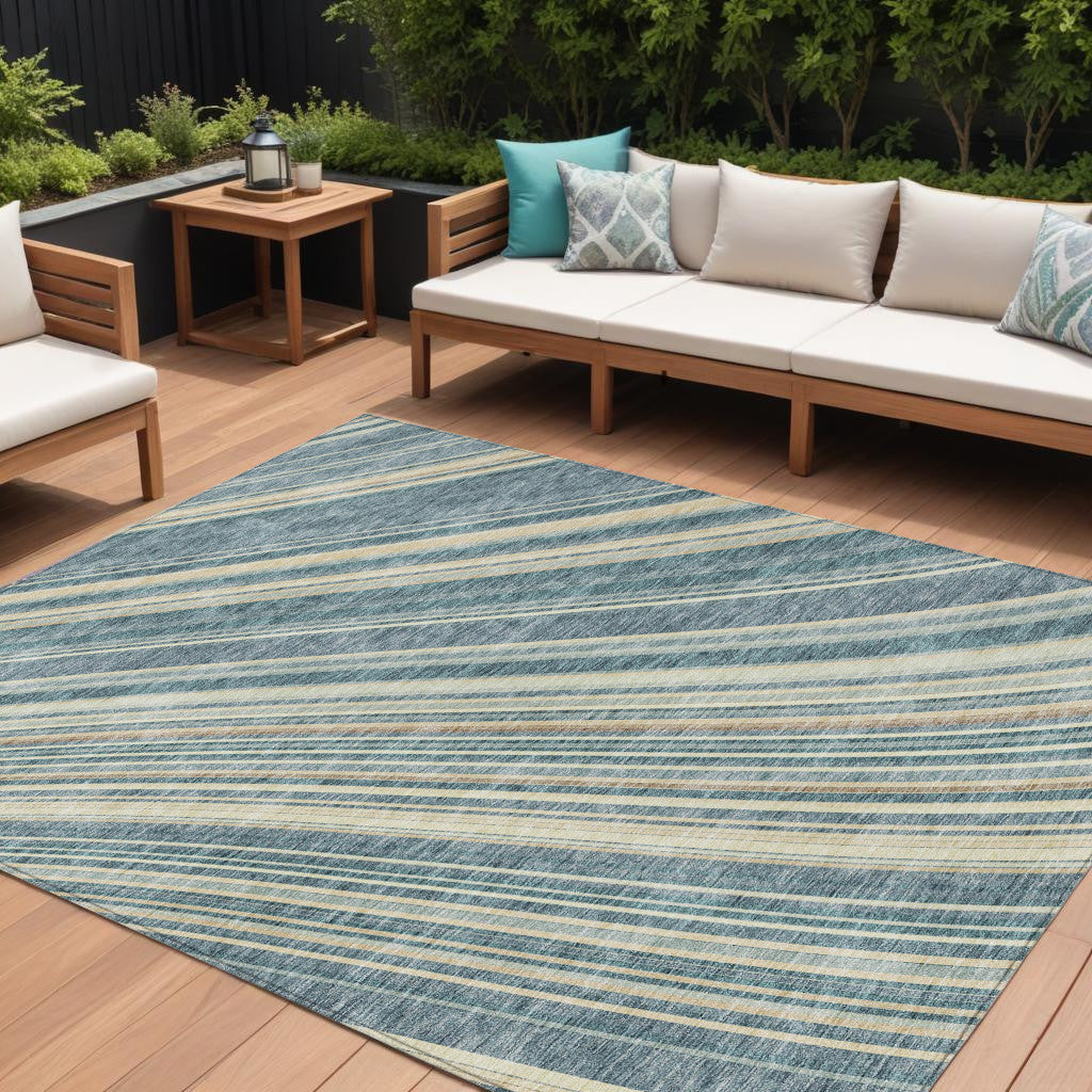 9 X 12 Sky Blue Beige And Tan Striped Washable Indoor Outdoor Area Rug