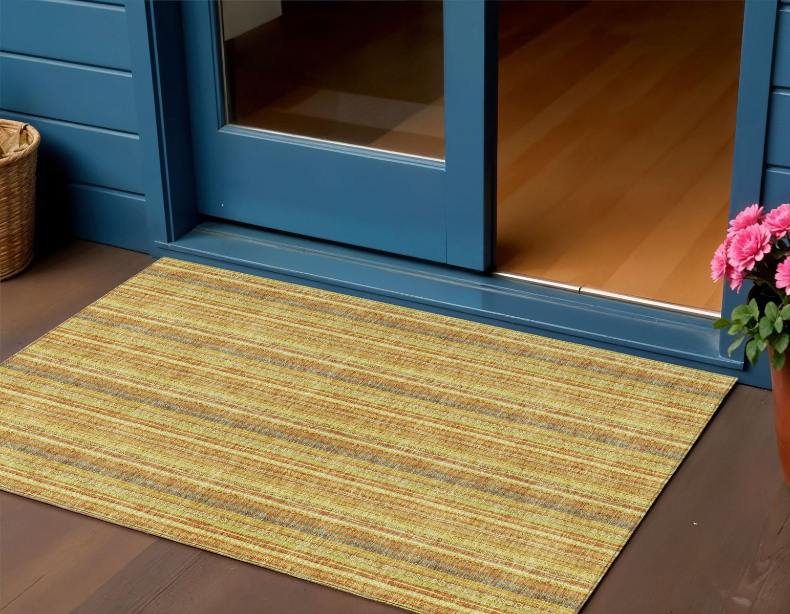 3 X 5 Gold And Copper Striped Washable Indoor Outdoor Area Rug