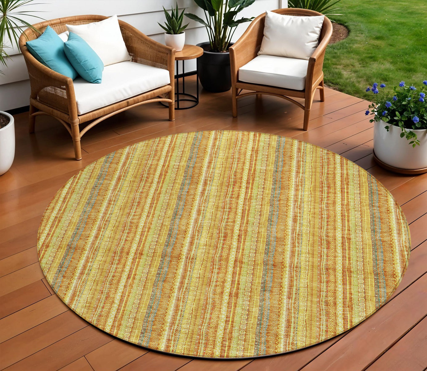 8 Gold And Copper Round Striped Washable Indoor Outdoor Area Rug