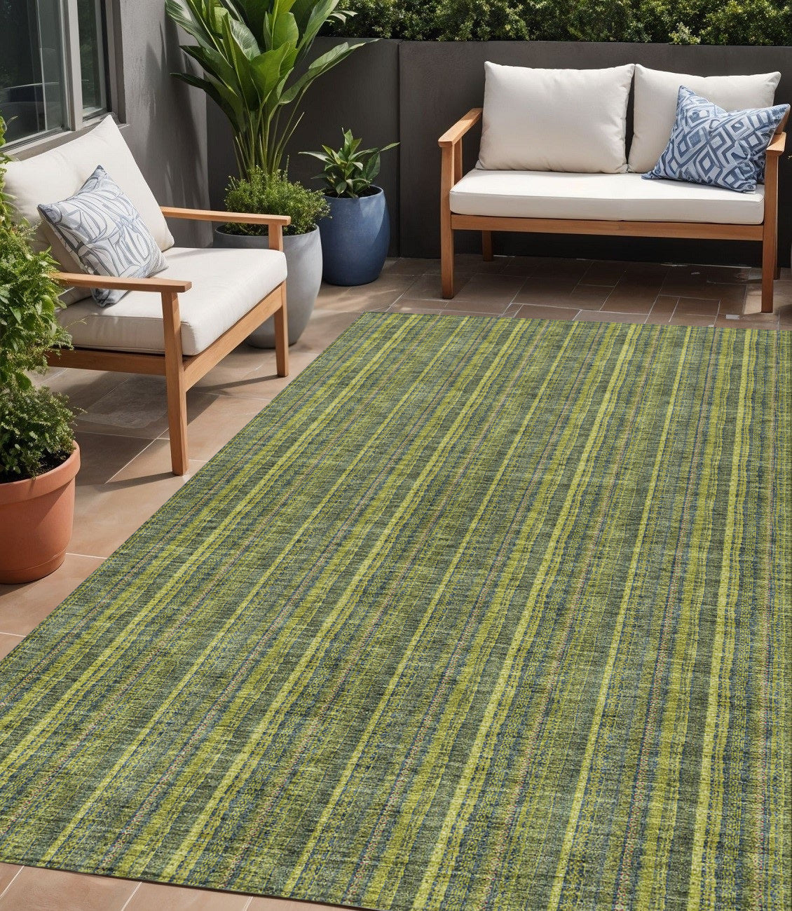 5 X 8 Olive Green And Lime Green Striped Washable Indoor Outdoor Area Rug