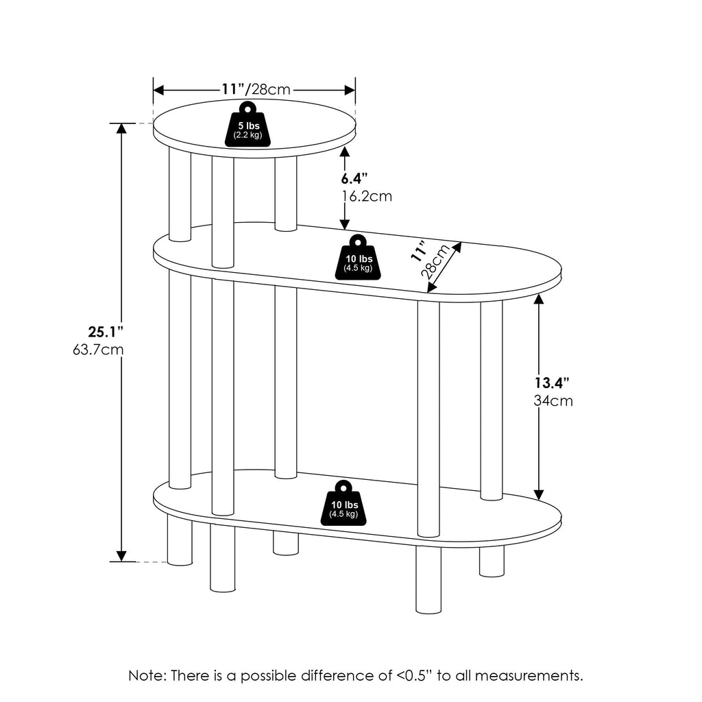 Furinno Turn-N-Tube 3-Tier Oval Sofa Side Table, End Table with Open Shelves, Espresso/Black