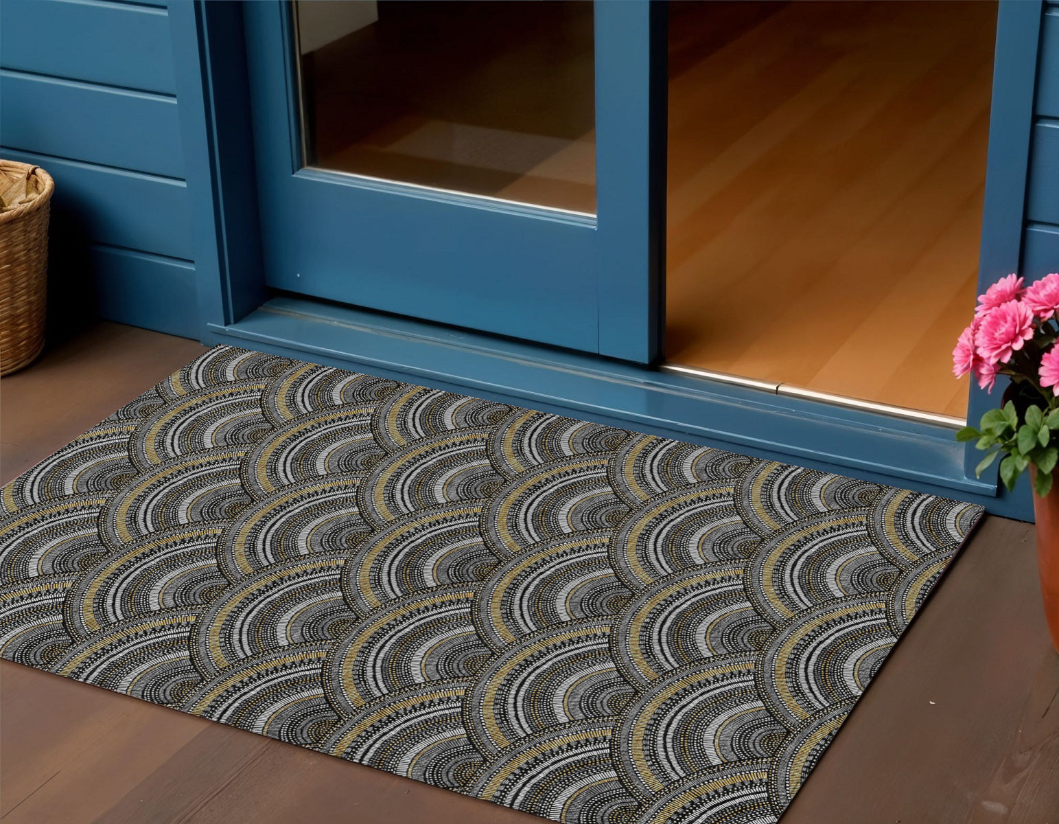 3 X 5 Black Ivory And Gold Geometric Washable Indoor Outdoor Area Rug