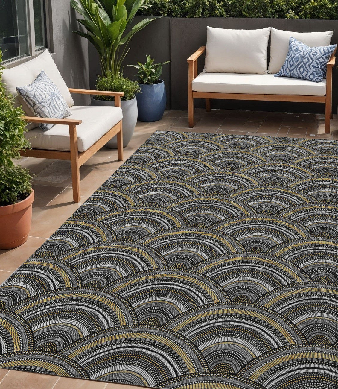 5 X 8 Black Ivory And Gold Geometric Washable Indoor Outdoor Area Rug