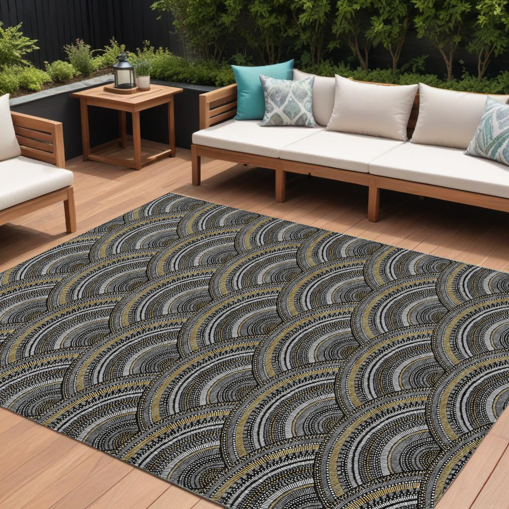 10 X 14 Black Ivory And Gold Geometric Washable Indoor Outdoor Area Rug