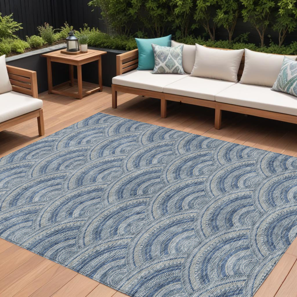 9 X 12 Denim Blue Navy Blue And Ivory Geometric Washable Indoor Outdoor Area Rug