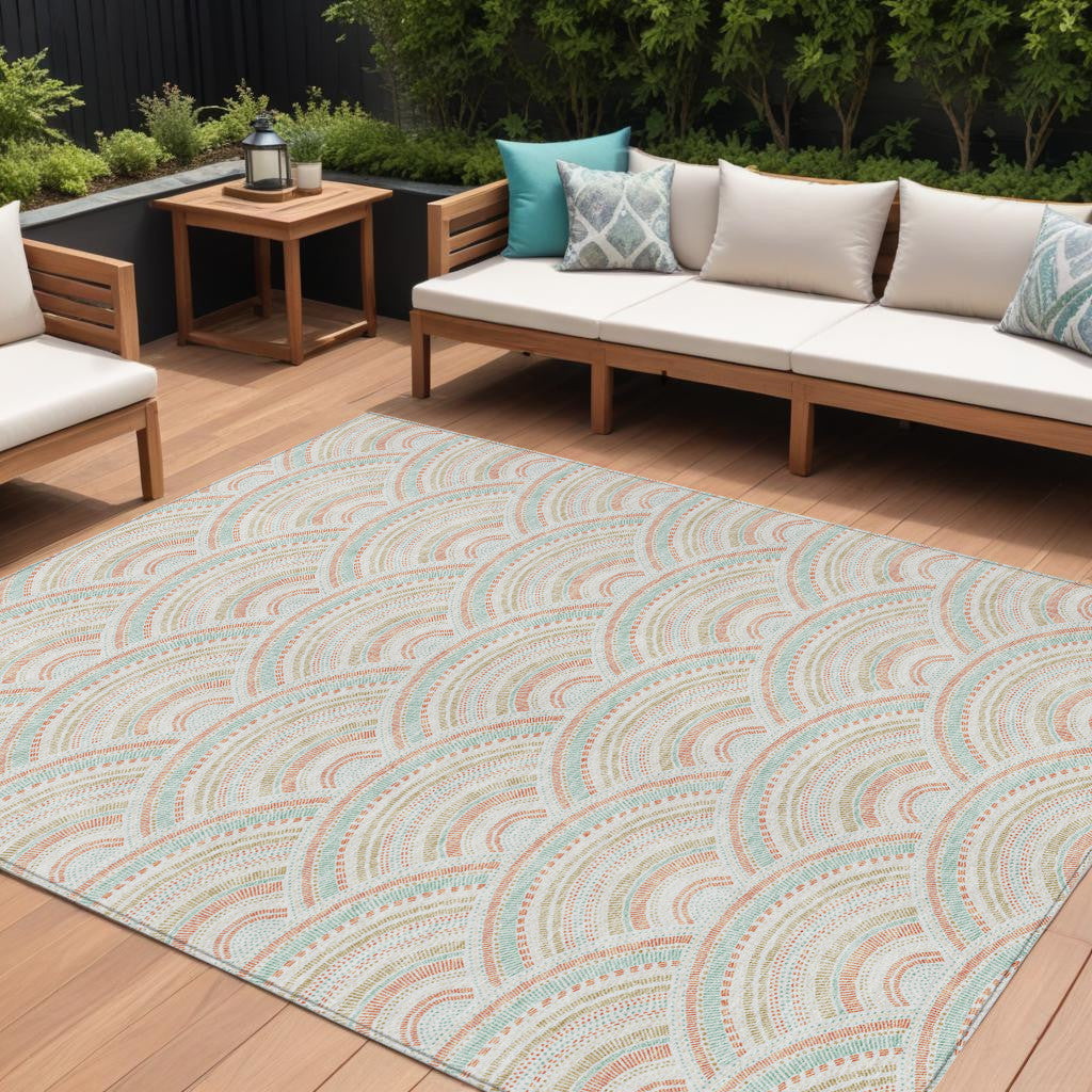 8 X 10 Linen Orange And Ivory Geometric Washable Indoor Outdoor Area Rug
