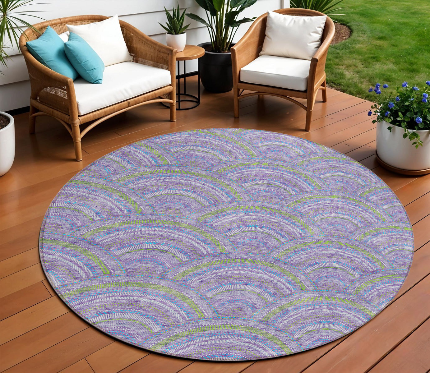 8 Lavender Sage And Ivory Round Geometric Washable Indoor Outdoor Area Rug