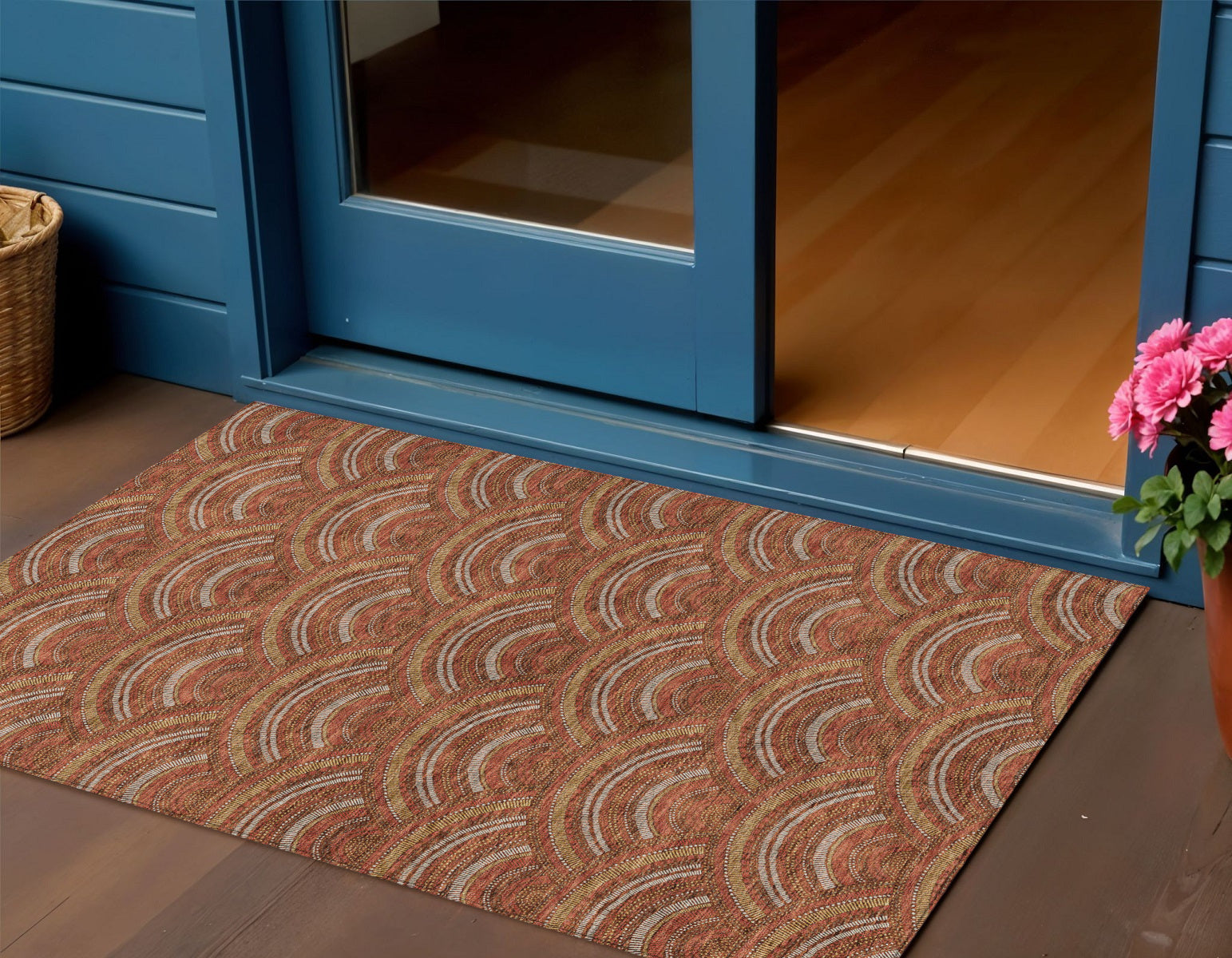 3 X 5 Orange Gold And Ivory Geometric Washable Indoor Outdoor Area Rug