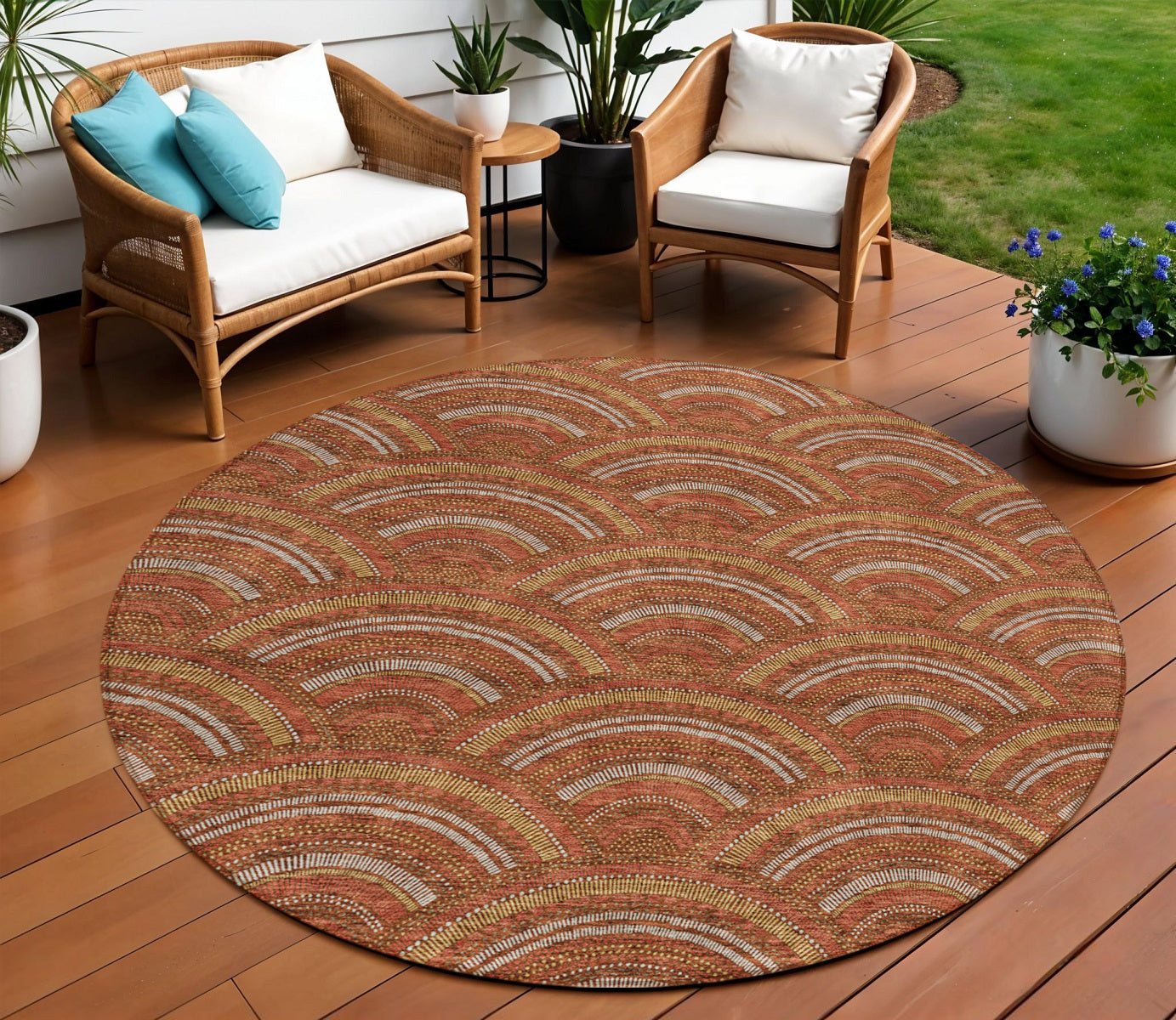 8 Orange Gold And Ivory Round Geometric Washable Indoor Outdoor Area Rug