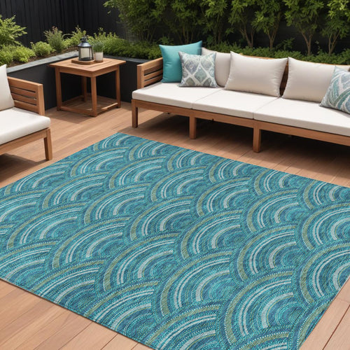 10 X 14 Teal Blue Fern Green And Ivory Geometric Washable Indoor Outdoor Area Rug