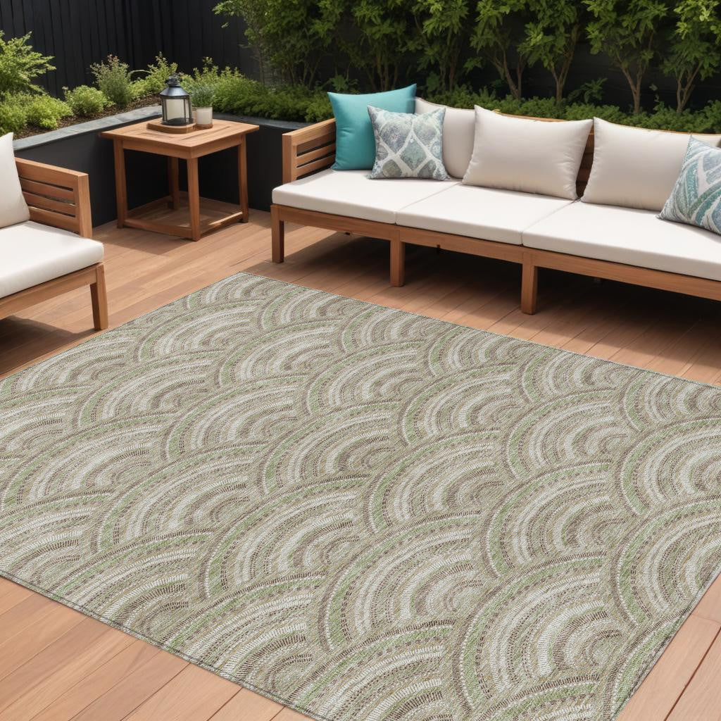 10 X 14 Taupe Fern Green And Ivory Geometric Washable Indoor Outdoor Area Rug
