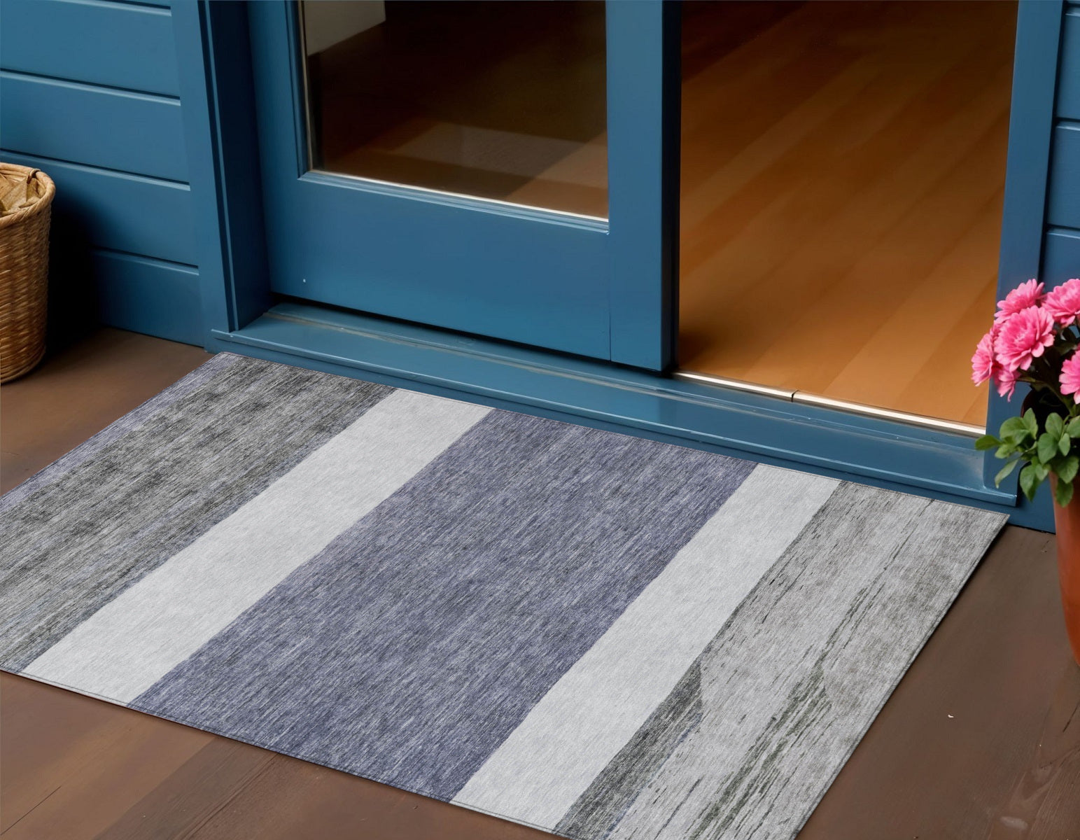 3 X 5 Denim Blue Ivory And Gray Abstract Washable Indoor Outdoor Area Rug