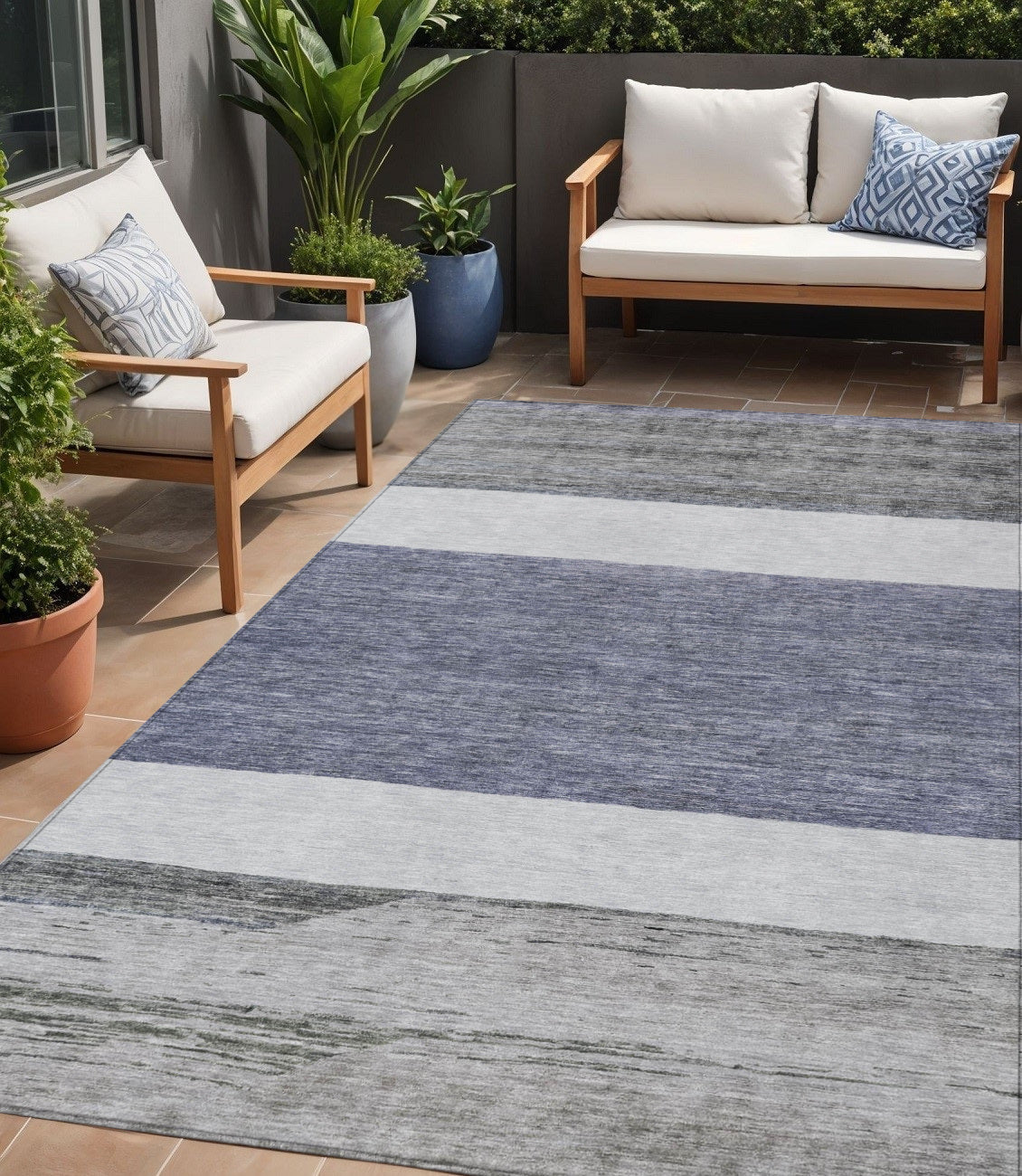 5 X 8 Denim Blue Ivory And Gray Abstract Washable Indoor Outdoor Area Rug